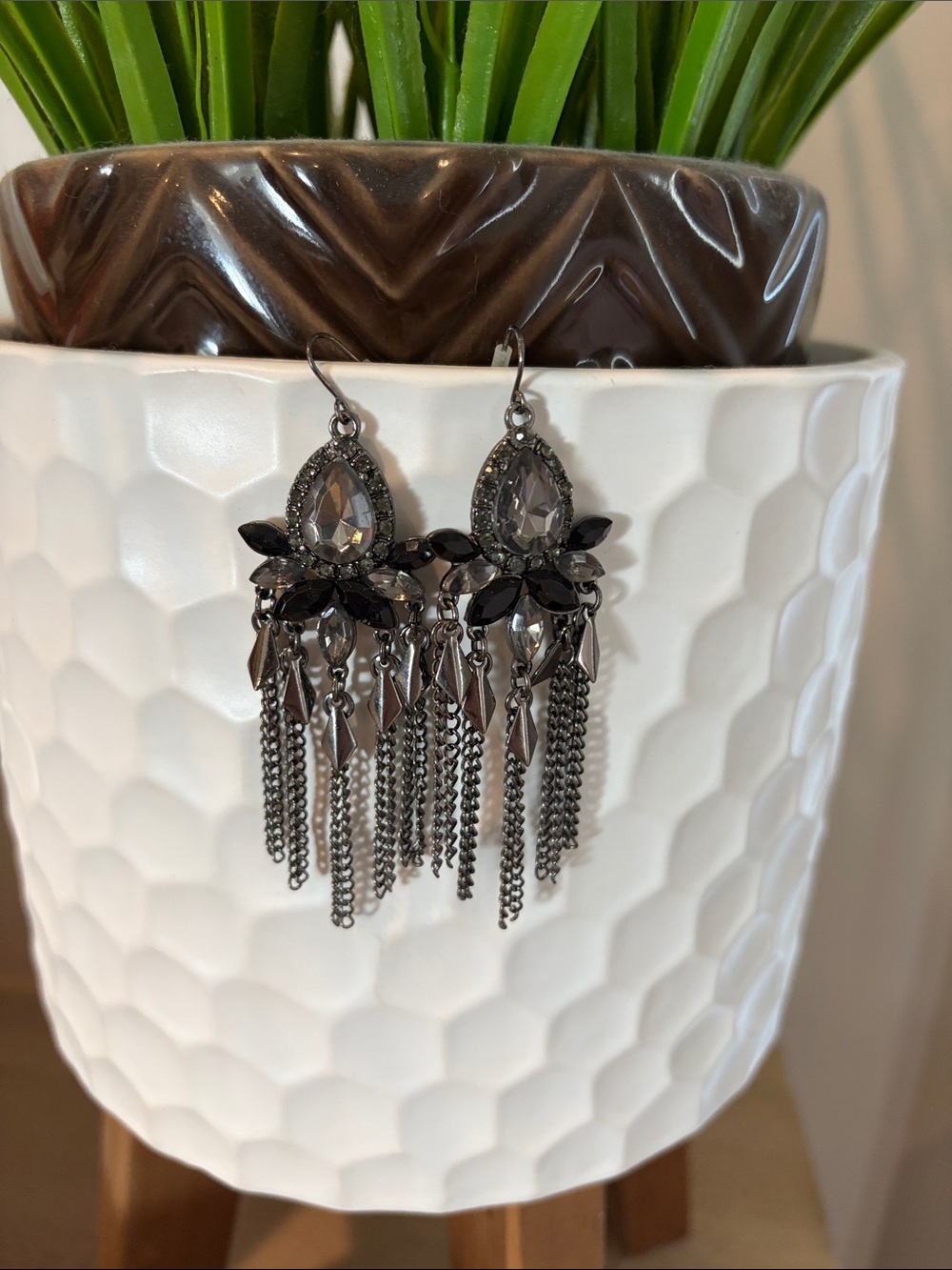 Gunmetal Teardrop Fringe Earrings - Elegant Sparkle